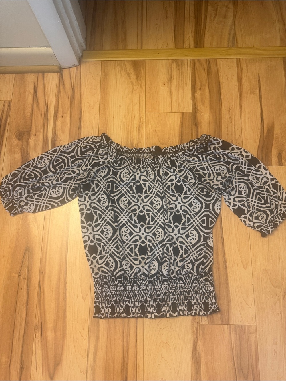 Tahari Black and White Off-Shoulder Smocked Blouse
